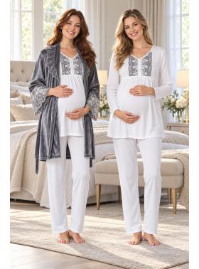 Effortt 8088 Gri Kadife Sabahlıklı Lohusa Pijama Takımı